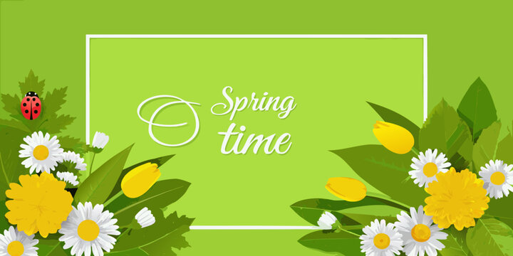 Springtime floral arrangement with ladybug and decorative text on green