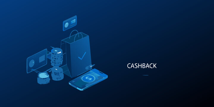 Isometric illustration depicting online shopping cashback and digital payment methods