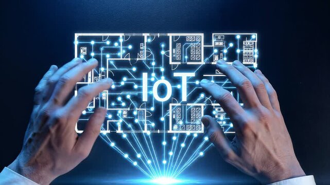 Hands Interacting with Futuristic IoT Network on Digital Blueprint.