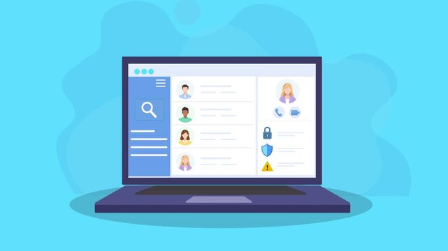 Animated laptop displaying a user profile dashboard interface with avatars and data, representing AI management, digital workflow, and modern flat design system.