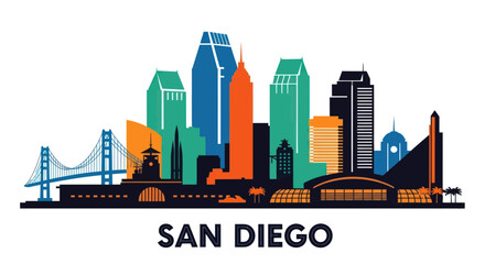 Fototapeta premium San Diego Skyline with Bridge and Modern Buildings, Vibrant Colors