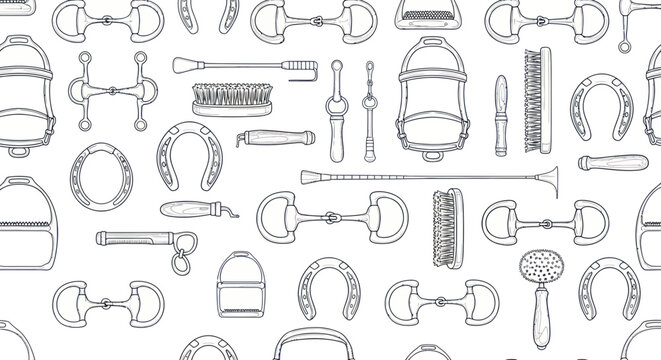 Equestrian Gear Pattern: Horse Bits, Horseshoes, Brushes - Hand Drawn Sketch