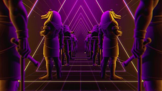 4K seamless orange and purple VJ loop tunnel featuring a stylized, geometric 3D Sobek deity figure with glowing circuits for VJ sets, stage screens, electronic music festivals and LED video walls