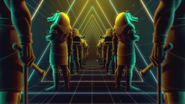 4K seamless turquoise and orange VJ loop tunnel featuring a stylized, geometric 3D Sobek deity figure with glowing circuits for VJ sets, stage screens, electronic music festivals and LED video walls