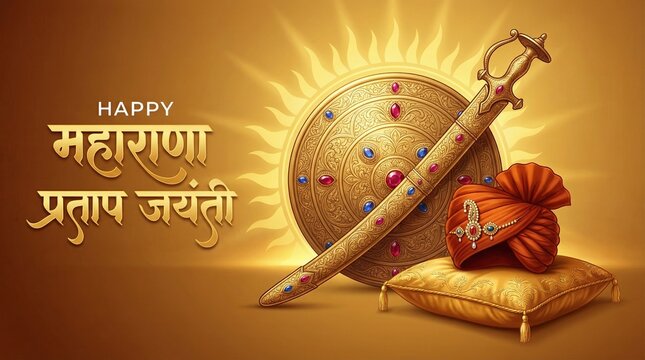 Maharana Pratap Jayanti celebration royal sword shield and turban with golden background honoring indian warrior heritage culture pride festival greeting design