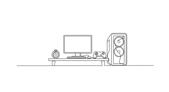Minimalist Gaming Setup: Desktop Computer, Monitor, Controller, and Alarm Clock on Shelf