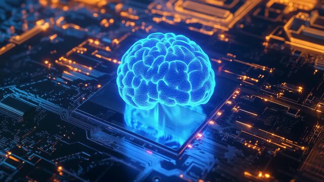 An animation shows a digital brain above a microchip to illustrate the connection between artificial intelligence and computer technology