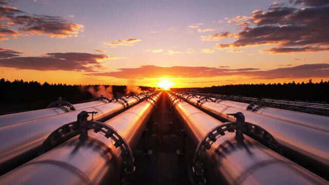 Sunset over industrial pipelines for tech concepts, digital marketing, and futuristic projects