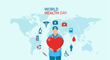 Naklejka premium World Health Day Awareness Illustration with Medical and Global Healthcare Concept