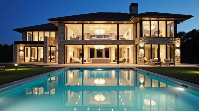 Luxury house with pool at night for commercial advertising, marketing campaigns, and creative projects