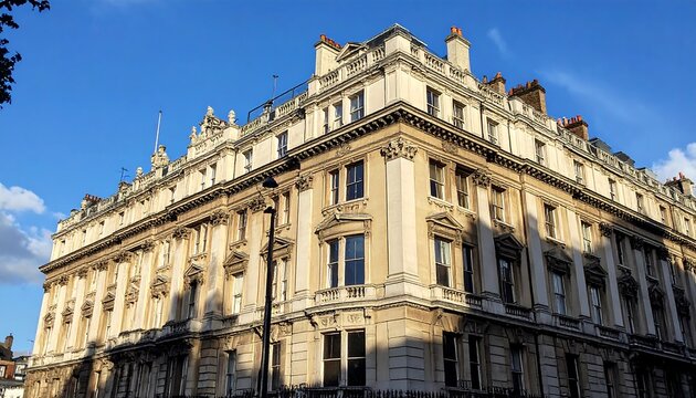 Grand, ornate building corner bathed in sunlight, blue sky visible