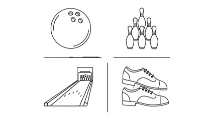 Fototapeta premium Bowling Elements: An illustration presents key components of the sport, including a bowling ball, bowling pins arranged in a triangle, a bowling lane, and bowling shoes.