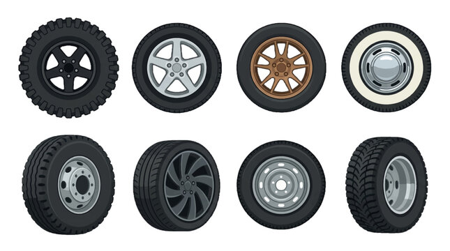 Different types of wheels shown on a flat surface with various designs and treads for vehicles in a simple layout