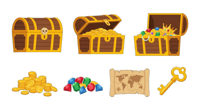 Treasure chests with coins, gems, and a map showing locations captured in a digital art style