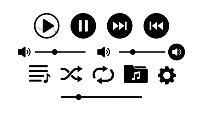 Icons for media controls and settings shown on a white background for easy access and understanding during use