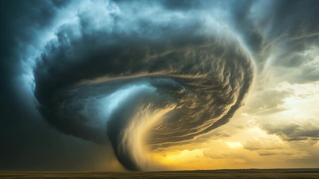 A large tornado spins in an open field as dark clouds hover and the sky turns orange during late afternoon