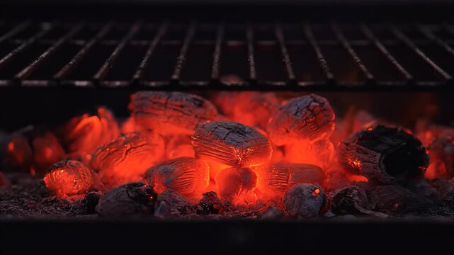 Hot glowing charcoal briquettes under a metal grill grate