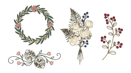 Obraz premium Floral designs with wreath and bouquet featuring flowers and leaves arranged in various styles for decoration