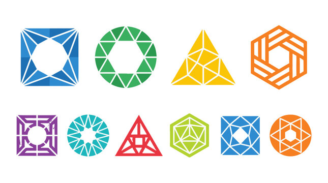 Different shapes and patterns arranged in a row showing various designs and colors in a simple layout