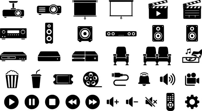 Home Theater. Solid icon set of Home Theater: projector, projection screen, AV receiver, floor speaker, center speaker, surround speaker, subwoofer box, movie