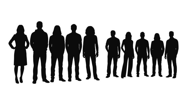 A diverse group of eleven black silhouettes of men and women standing in a line against a white background, representing various human forms and body types.