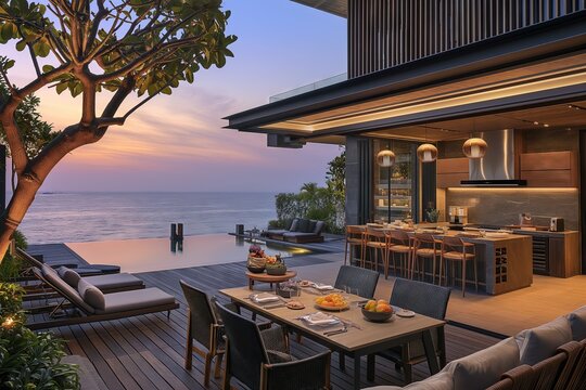Luxury Oceanfront Terrace with Infinity Pool and Sunset Dining Area