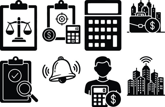Legal and business management icons with business management calculator