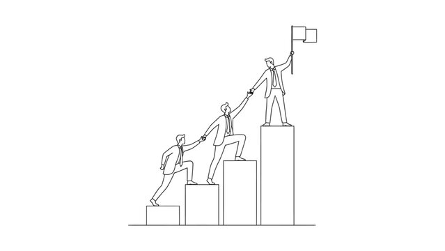 Business teamwork concept with people helping each other to reach the top. Continuous line style. Hand drawn. Line art. Vector design. illustration