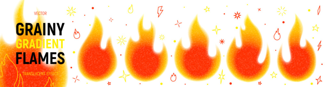 Set of Grainy Gradient Fire Flames. Burning red, orange and yellow blaze. Bright fire flames templates with blur edges and grainy texture isolated on light background. Fire flames icons collection.