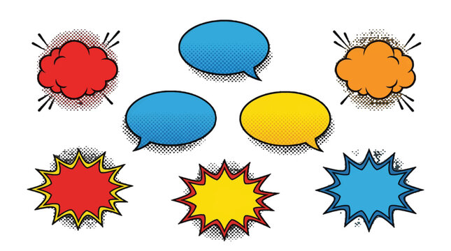 Colorful speech bubbles and effects shown in comic style for creative design uses