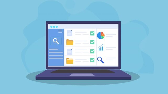 Animated laptop displaying an AI analytics dashboard interface, representing data visualization, automation, and modern digital workflow in a clean flat motion design style.