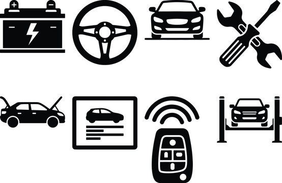 Car parts and automotive service icons collection with car battery, steering whe