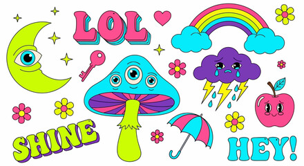 Naklejka premium A whimsical illustration of a smiling mushroom with a rainbow, surrounded by colorful text and playful cartoon elements.