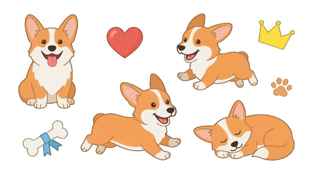 Cute corgi characters in different poses and activities with hearts and bones in a fun design