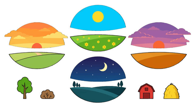 Different times of day and seasons shown in simple designs featuring sun, moon, and nature scenes