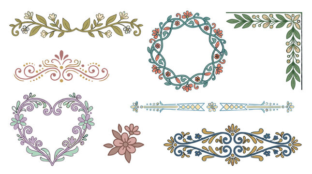 Decorative floral elements for design projects and creative works in various styles and colors