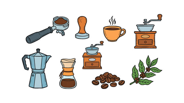 Different tools used to make coffee with coffee beans on display