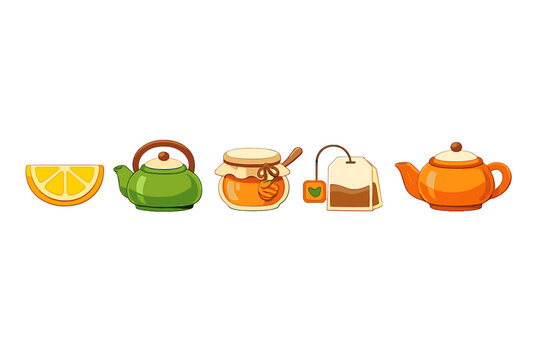 Different drinks and ingredients for making tea with lemon, honey, and teabags in various containers
