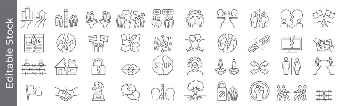 Social polarization, conflict, division and separation icon set &ndash; editable outline symbols of disagreement, border, protest, broken relationship, and social issues