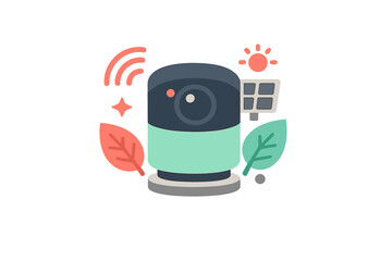 Fototapeta premium Smart camera design for outdoor use with solar panel and leaves in a simple style