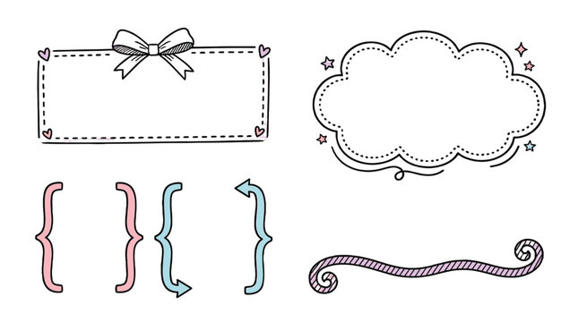 Creative doodles and decorative elements for design projects, featuring frames, clouds, and swirls made with simple lines
