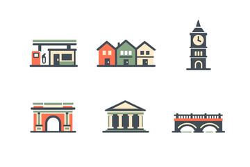 Naklejka premium City landmarks and structures show urban life and daily activities in a diverse environment and simple architectural styles