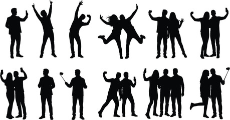Fototapeta premium Silhouette people taking selfies, group celebration poses, friends together illustration, social connection concept, casual fun, vector artwork, stock design