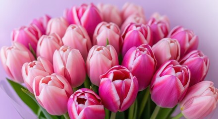 Obraz premium Close up bouquet pink tulips white background fresh spring flowers blossoms