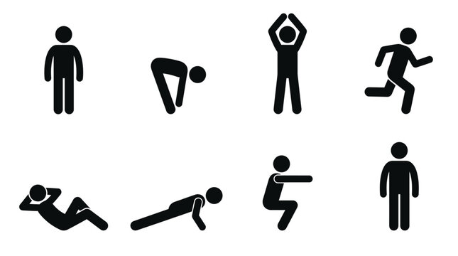 Various stick figure exercises are displayed in black illustrating different physical activities silhouette