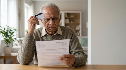 Fototapeta premium Indian elderly man holding medical bill and bank card showing stress