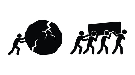 Teamwork concept depicting people pushing a boulder and carrying a block silhouette © Aklima
