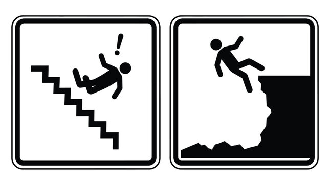 Warning signs depicting people falling from stairs and a cliff black silhouette