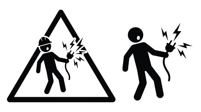 Warning sign depicting an electrician experiencing electric shock a dangerous situation silhouette