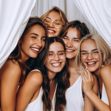 Girlfriends group fun and crazy pose in photobooth snap shot accessories accessory laughing.